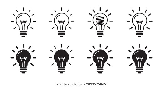 Monochrome lamp symbols, cfl bulb, incandescent style, solid and line art versions, power resources.