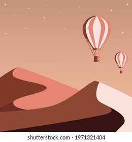 
Monochrome landscape with air balloons at dawn in the desert. Vector illustration.