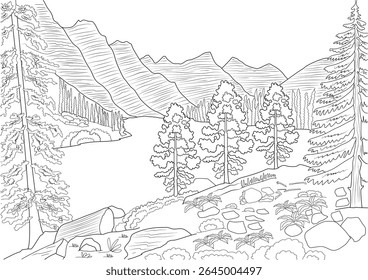 Monochrome landscape illustration: hand-drawn sketch of mountains, lake, forest, rocks, and nature elements, coloring book style.