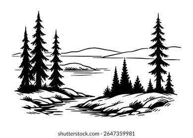 Ilustração de paisagem monocromática com árvores, água e orla rochosa