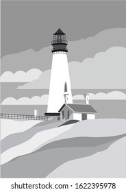 Monochrome landscape with lighthouse. Cloudy sky. House on hills. Sea navigation architecture. Maritime building. Environment. Simple flat illustration. Cartoon style. For post cards and posters