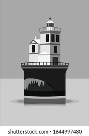 Monochrome landscape with lighthouse. Cloudy sky. Building on water. Sea navigation architecture. Maritime building. Environment. Simple flat illustration. Cartoon style. For post cards and posters
