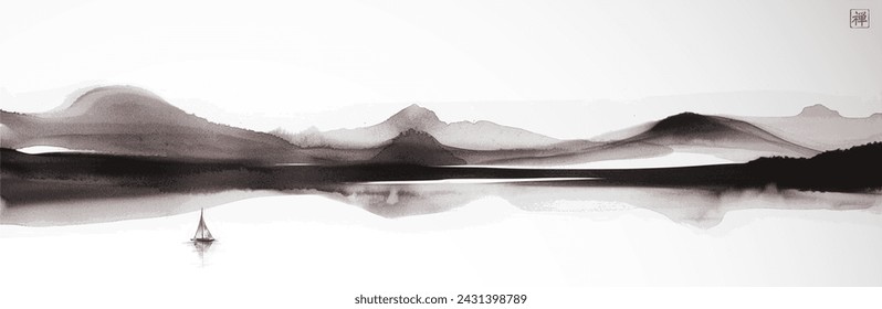 Monochrome Landschaft mit Bergen, einem See und Segelboot in einem minimalistischen Stil.Traditionelle orientalische Tintenmalerei sumi-e, u-sin, go-hua. Übersetzung von Hieroglyphen - zen.