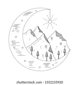 Monochrome landscape on the moon, mountains and trees, drawn with black contour lines on a white background. Camping and adventure. Linear vector illustration. Hand drawn travel icon with crescent