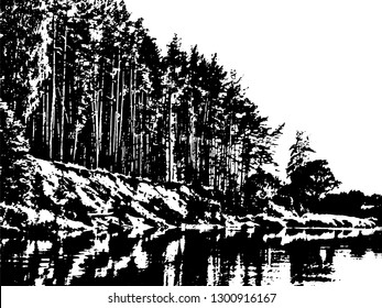 Monochrome landscape of the river bank, overgrown with forest. Overlay pattern. Vector illustration