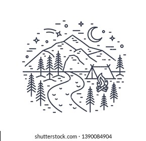 Monochrome landscape with tent and campfire in forest, river, mountains and night sky drawn with black contour lines on white background. Camping and adventure travel. Linear vector illustration.