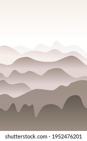 Monochrome landscape with waves. Sun set sky. Warm grey and beige foggy mountains silhouette. Sandy desert dunes. Nature and ecology. Vertical orientation. For social media, post cards and posters