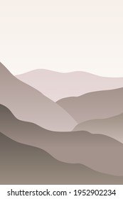 Einfarbige Landschaft mit Wellen. Sonne setzt Himmel. Warme, graue und beige nebelige Berge Silhouette. Sanddünen in der Wüste. Natur und Ökologie. Vertikale Ausrichtung. Für Social Media, Postkarten und Poster