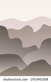 Paisaje monocromo con olas. El sol puso el cielo. Silhouette cálida de montaña de niebla gris y beige. Dunas desérticas arenosas. Naturaleza y ecología. Orientación vertical. Para medios sociales, postales y afiches