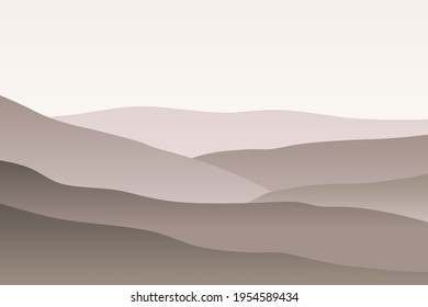 Monochrome landscape with waves. Sun set sky. Warm grey and beige foggy mountains silhouette. Sandy desert dunes. Nature and ecology. Horizontal orientation. For social media, post cards and posters