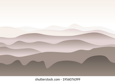 Monochrome landscape with waves. Sun set sky. Warm grey and beige foggy mountains silhouette. Sandy desert dunes. Nature and ecology. Horizontal orientation. For social media, post cards and posters