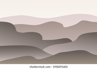 Monochrome landscape with waves. Sun set sky. Warm grey and beige foggy mountains silhouette. Sandy desert dunes. Nature and ecology. Horizontal orientation. For social media, post cards and posters
