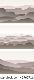 Monochrome landscape with waves. Sun set sky. Warm grey and beige foggy mountains silhouette. Sandy desert dunes. Nature and ecology. Horizontal orientation. For social media, post cards and posters
