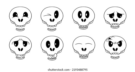 Monochrome Large set of icons, Funny cute skulls for the holiday, horizontal vector illustration in cartoon style on a white background