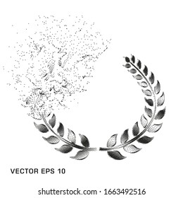 Monochrome Laurel wreath disappears, dissolves, dotted, a symbol of victory, triumph. Vector element.