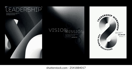 Conjunto de póster de liderazgo monocromo. Conjunto de Plantilla de Vector de póster de negocios abstractos modernos. Diseño de Plantilla monocromática en blanco y negro. Conjunto de Plantillas de póster de Vector moderno, diseño degradado negro