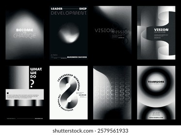 Monochrome leadership workshop poster template set. Modern abstract business poster template set. Black and white monochrome design. Set of modern vector poster templates, black gradient design