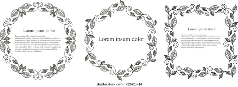 Monochrome leaf round, hexagon, square frame Lorem ipsum stock vector illustration