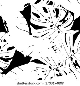 Monochrome Leaf Textile Vector Seamless Pattern. Foliage Exotic Texture. Fashion Flower Backdrop. Black Hawaii Plant Pattern.