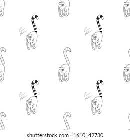 Monochrome lemurs. Madagaskar animals on white background. Seamless vector pattern.