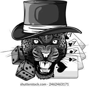 Monochrome Leopard face with Cylinder hat and dice poker aces