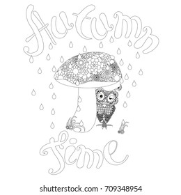 Monochrome lettering Autumn time doodle hand drawn owl under mushroom. Anti stress stock vector illustration