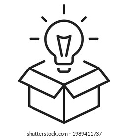 Monochrome light bulb in box creativity icon vector illustration. Simple open cardboard case with lightbulb isolated on white. Linear lighting lamp electricity brainstorming creative startup idea