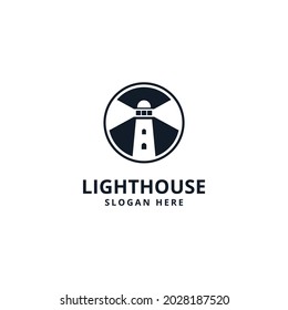 Monochrome lighthouse on circle with light. light house logo design vector 