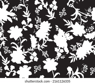 Monochrome Lily Flowers Leaves Silhouettes Seamless Pattern Minimal Floral Shadows Isolated Trendy Pattern Chic Colors Perfect for Allover Fabric Print or Wall Paper Black White Tones