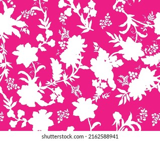 Monochrome Lily Flowers Leaves Silhouettes Seamless Pattern Minimal Floral Shadows Isolated Trendy Pattern Chic Colors Perfect for Allover Fabric Print or Wall Paper Fuchsia White Tones