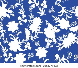Monochrome Lily Flowers Leaves Silhouettes Seamless Pattern Minimal Floral Shadows Isolated Trendy Pattern Chic Colors Perfect for Allover Fabric Print or Wall Paper Royal Blue White Tones