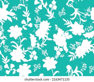 Monochrome Lily Flowers Leaves Silhouettes Seamless Pattern Minimal Floral Shadows Isolated Trendy Pattern Chic Colors Perfect for Allover Fabric Print or Wall Paper Tiffany Blue White Tones