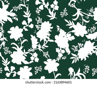 Monochrome Lily Flowers Leaves Silhouettes Seamless Pattern Minimal Floral Shadows Isolated Trendy Pattern Chic Colors Perfect for Allover Fabric Print or Wall Paper Dark Green White Tones