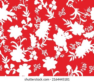 Monochrome Lily Flowers Leaves Silhouettes Seamless Pattern Minimal Floral Shadows Isolated Trendy Pattern Chic Colors Perfect for Allover Fabric Print or Wall Paper Red White Tones