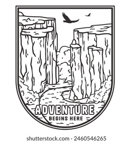 Monochrome line art badge featuring a mountain landscape with cliffs and a flying bird for outdoor adventure, camping, and hiking-themed designs and illustrations.