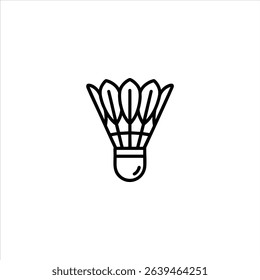 Monochrome line art of a badminton shuttlecock with a cork base and feathered skirt. Centered and isolated on a white background.