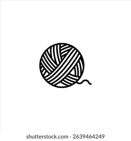 Monochrome line art of a ball of yarn with overlapping strands and a loose end. Centered and isolated on a white background.