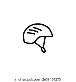 Monochrome line art of a bicycle helmet in profile view with a curved outer shell and vent lines. Centered and isolated on a white background.