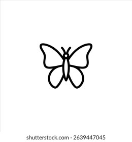 Monochrome line art of a butterfly in top-down view with stylized symmetrical wings. Isolated on a white background.