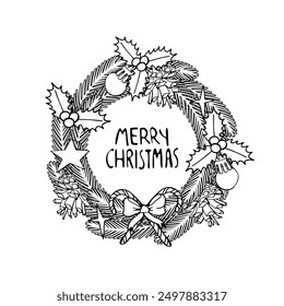 Monochrome Line Art Christmas Wreath clipart, spruce branches decorated with baubles and pine cones. Isolated on white background