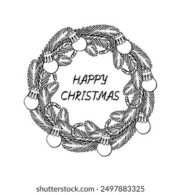 Monochrome Line Art Christmas Wreath clipart, decorated spruce branches. Happy Christmas lettering. Isolated on white background