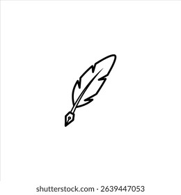 Monochrome line art of a classic quill pen with a feather, for vintage writing. Isolated on a white background.
