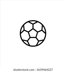 Monochrome line art of a classic soccer ball with pentagonal and hexagonal panels. Centered and isolated on a white background.