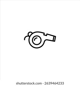 Monochrome line art of a classic sports whistle with a mouthpiece and body. Centered and isolated on a white background.