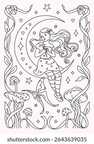 Monochrome line art coloring page. Little witch surrounded by floral forest elements. Fantasy contour graphic. Line art illustration combines  mystery and wonder. Black and white color palette