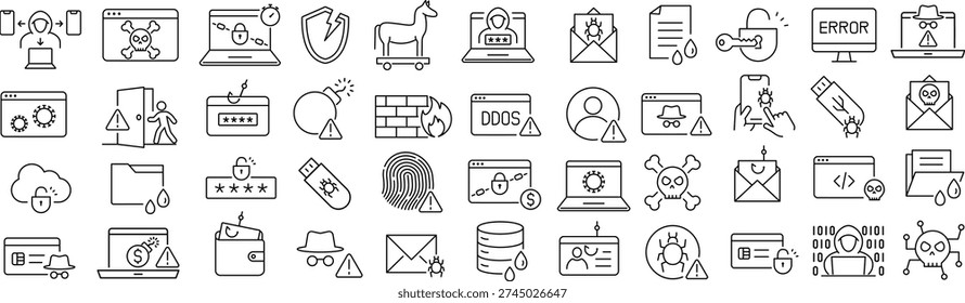 Monochrome Line Art Cyber Attack Icon Set in Vector Style