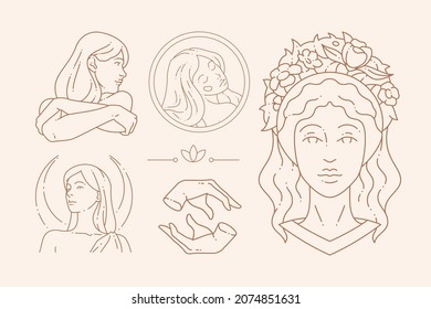 Monochrome line art deco woman bust with closed eyes and hands near face vector illustration. Antique female simple linear icon isolated on white. Contoured drawn medieval elegant feminine monument