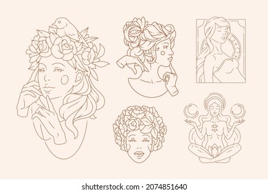 Monochrome line art deco woman bust with closed eyes and hands near face vector illustration. Antique female simple linear icon isolated on white. Contoured drawn medieval elegant feminine monument