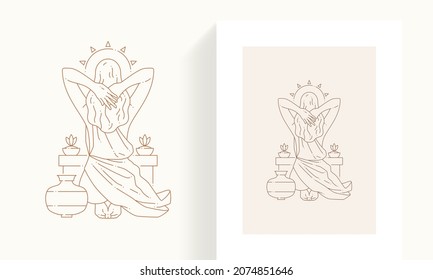 Monochrome line art deco woman bust with closed eyes and hands near face vector illustration. Antique female simple linear icon isolated on white. Contoured drawn medieval elegant feminine monument