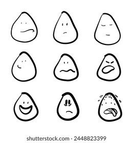 A monochrome line art design featuring eggs with various facial expressions, showcasing a pattern of circles and symmetry. The fashion accessory adds a touch of uniqueness to the event